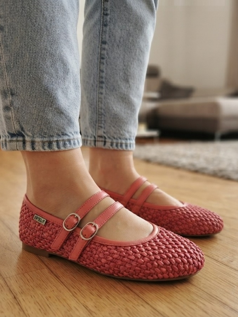 Woven Coral Double-Strap Mary Jane Flats